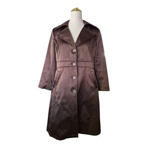 Via Spiga Brown Satin Trench Coat Women's Size 10 Button Front High Collar Long